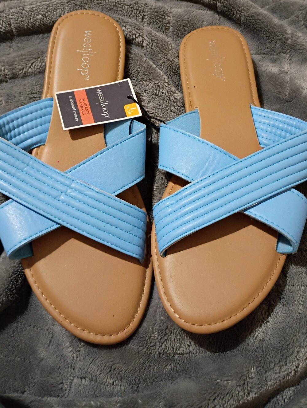 New west loop Light Blue Quilted Cross-Strap Slide Sandals